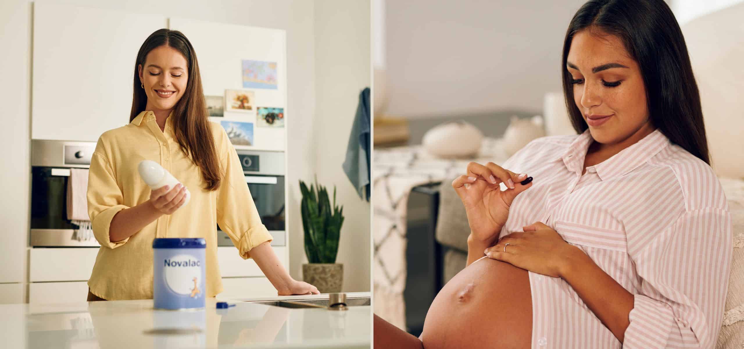 Novalac in novalac prenatalne kapsule spletna stran - na eni strani je mamica, ki pripravlja Novalac formulo, na drugi pa nosečnica, ki gleda v Novalac prenatalno kapsulo