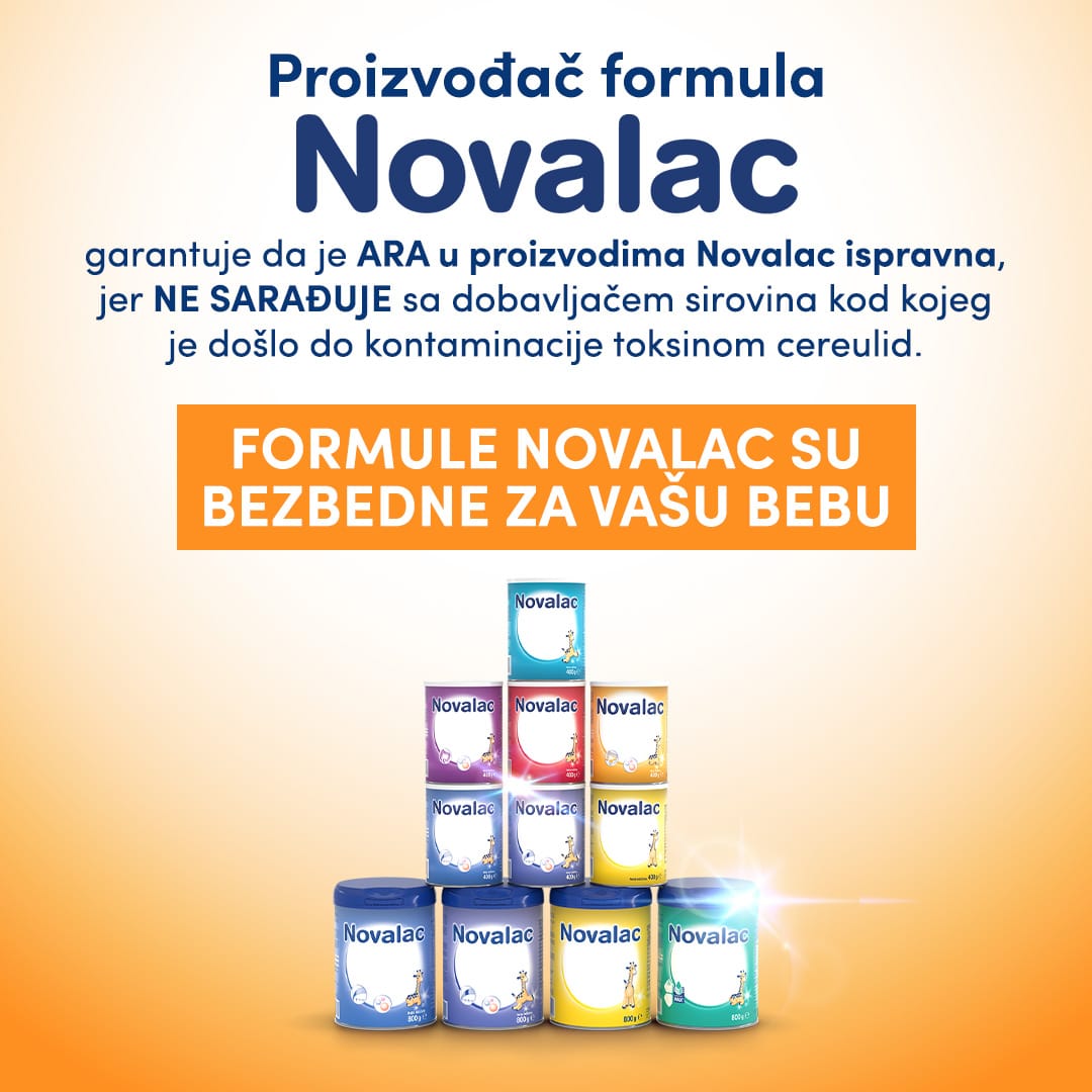 Proizvođač formula Novalac garantuje da je ARA u proizvodima Novalac ispravna, jer ne sarađuje sa dobavljačem sirovina kod kojeg je došlo do kontaminacije.